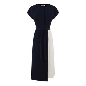 Elegant Asymmetric Navy and White Pleated Shirt Dress